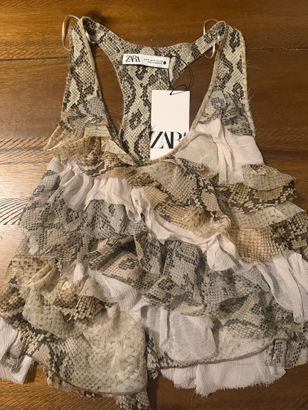 Zara Snake-Print Ruffle Crop Tank in Beige and Black